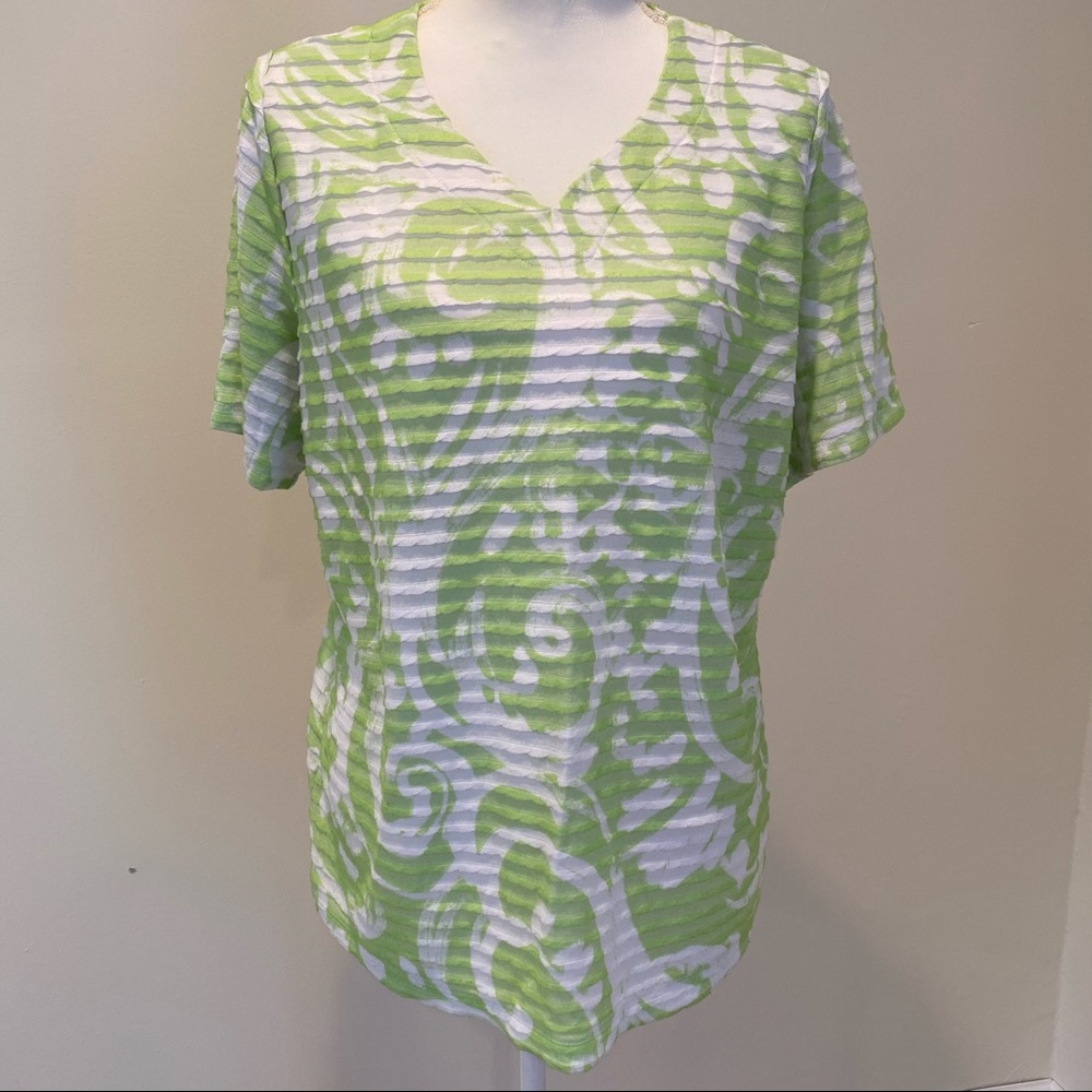 CJ Banks Lime Green and White V-Neck Shirt 1X